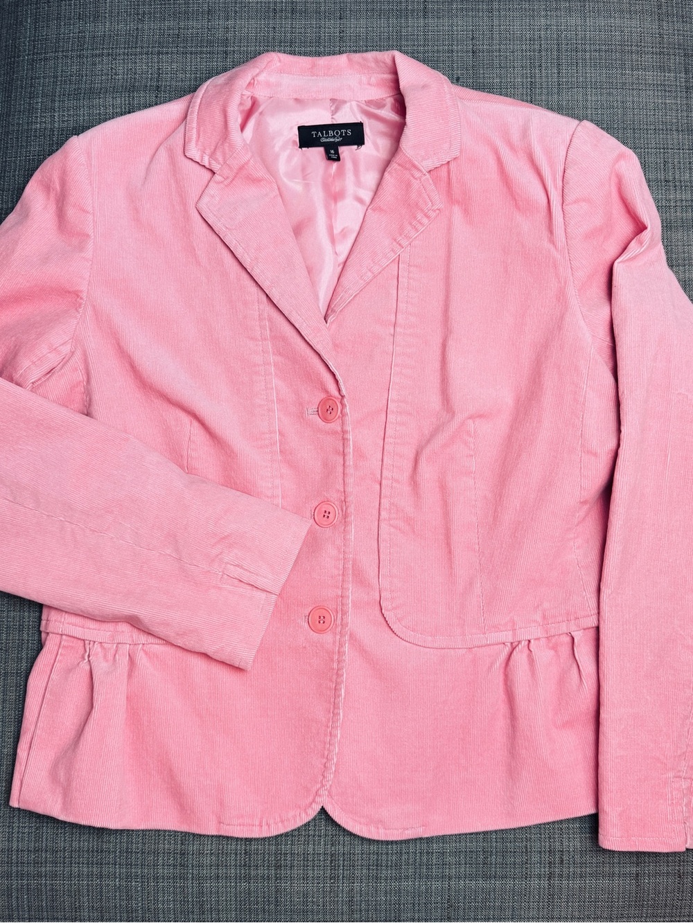 Talbots Light Pink Coral Corduroy Peplum Blazer Barbiecore Cottagecore Sz 16 EUC